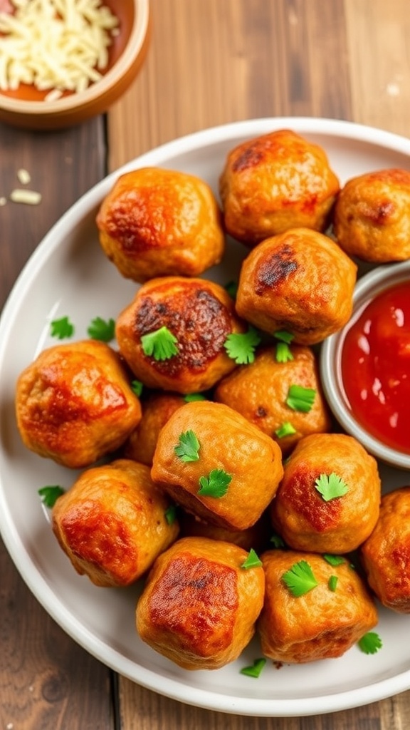 Golden-brown air fryer meatballs garnished with parsley and served with marinara sauce on a rustic table.
